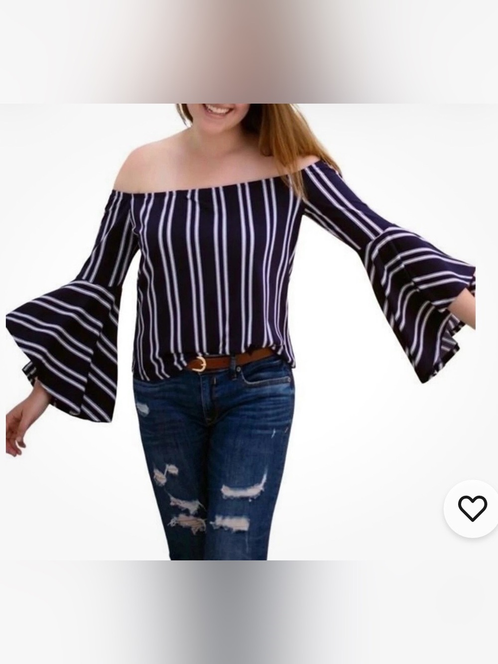 Express Navy and White Striped Off-Shoulder Blouse